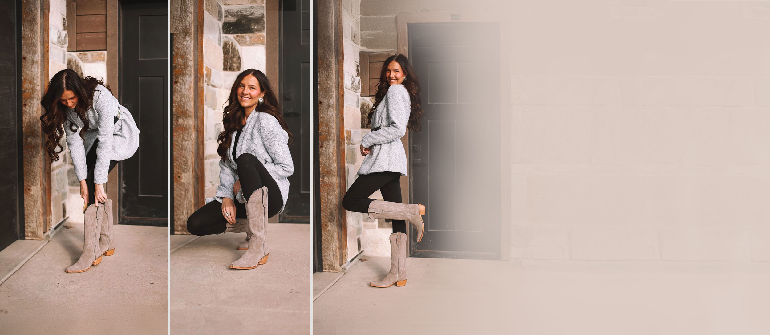 Un montaje de imágenes de una mujer en varias poses diferentes usando la bota Liz 15” Suede en Ash Grey.